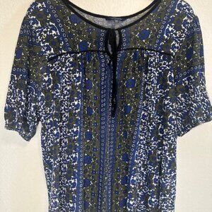 Lucky Linen Blend Peasant Top Blue Green